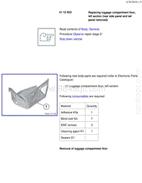 宝马1系F20 F21-Replacing luggage compartment floor left section rear side panel and tail panel removed 