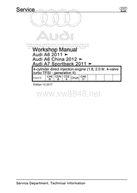 奥迪A7（4G，4GA，4GE）– 4缸直喷发动机维修手册（1.8、2.0升4气门涡轮增压TFSI –第二代）